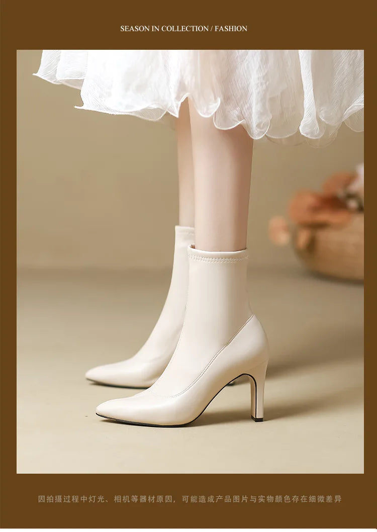 Pointed Leather High Heel Ankle Boots