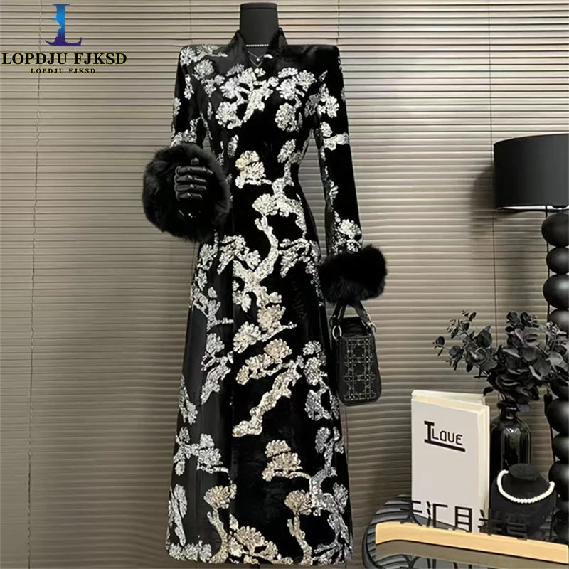 Black Velvet Sequins Windbreaker Coat Autumn/Winter New English style Luxury Sequin Embroidered Women's Coat
