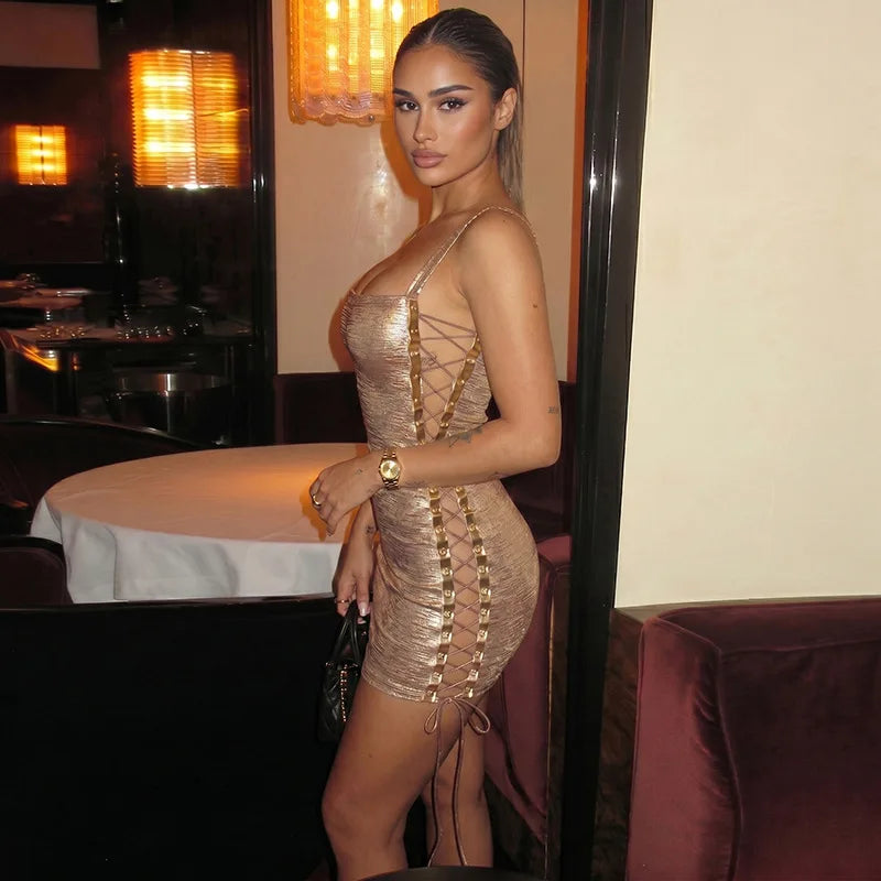 Hollow Out Grommet Lace Up Bodycon Mini Dress for Women