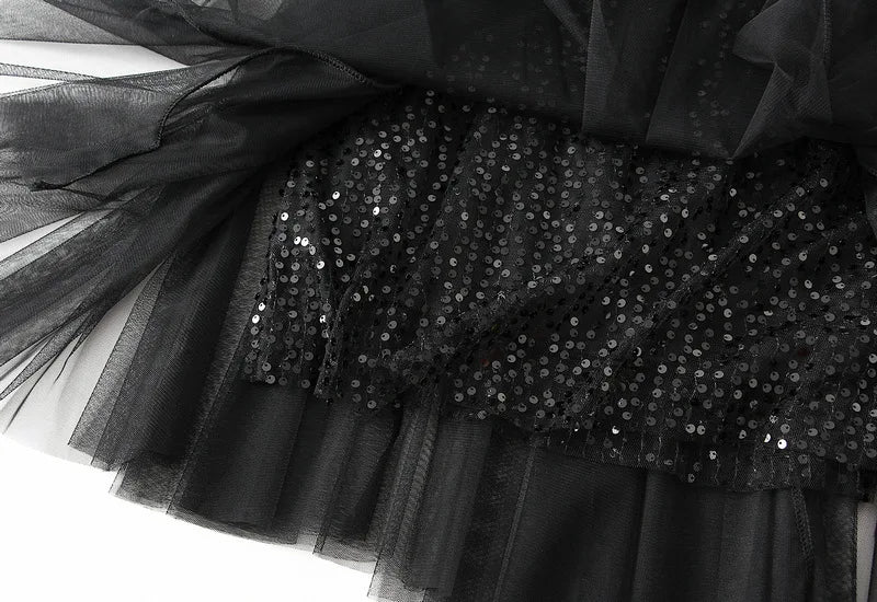 Sparkling Mesh A-Line Pleated Knee-Length Skirt for Women