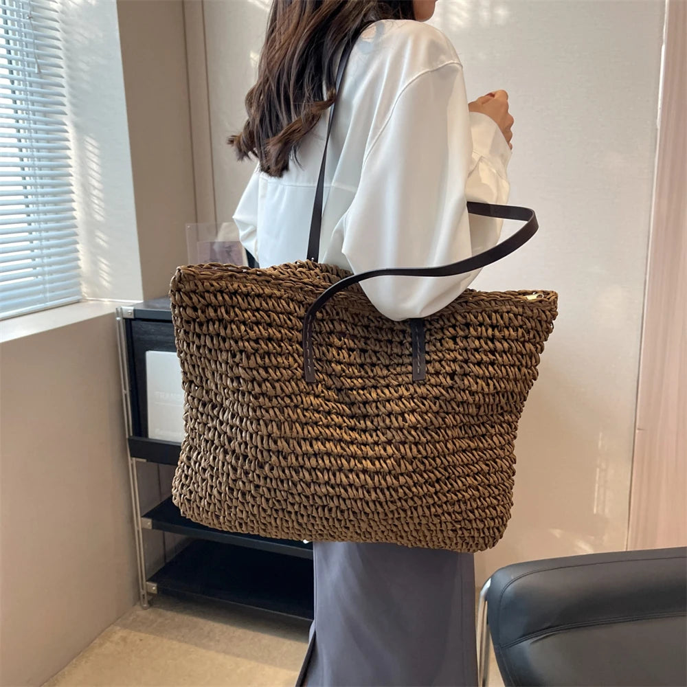 Large Capacity Straw Woven Shoulder Tote Bag for Women