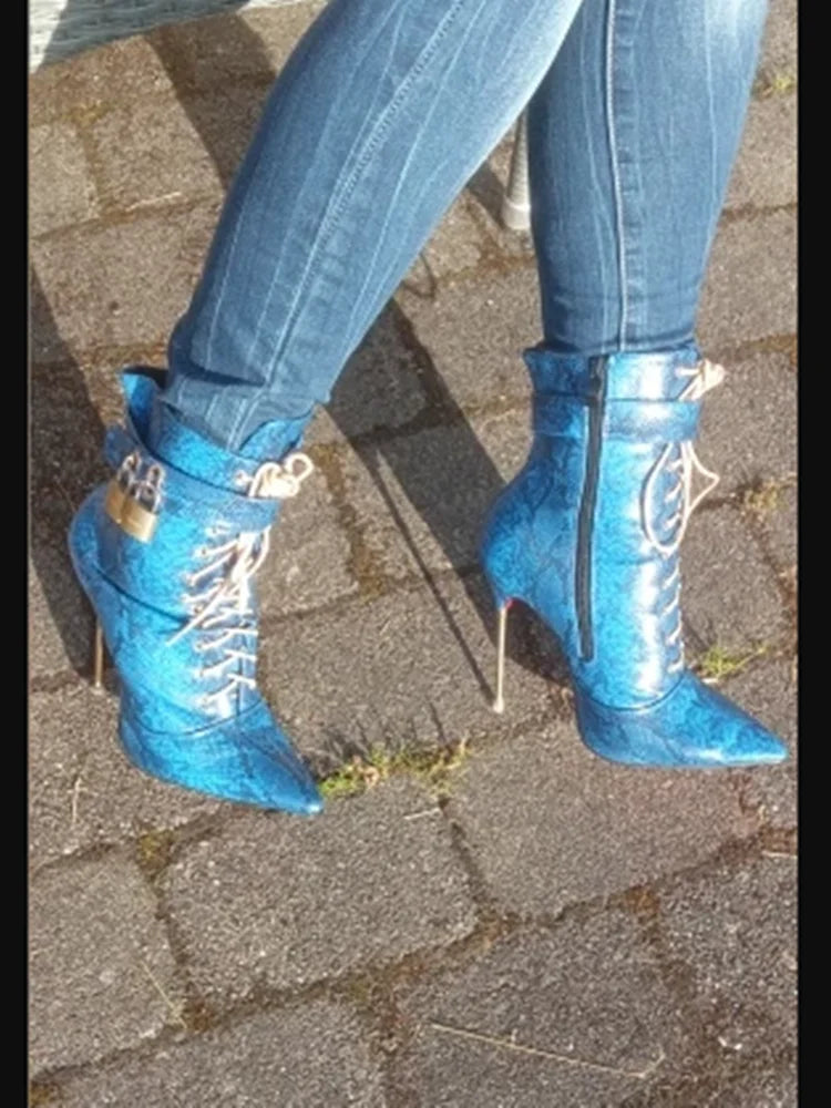 Snakeskin Lace Up Pointed Toe Heeled Boots for Women