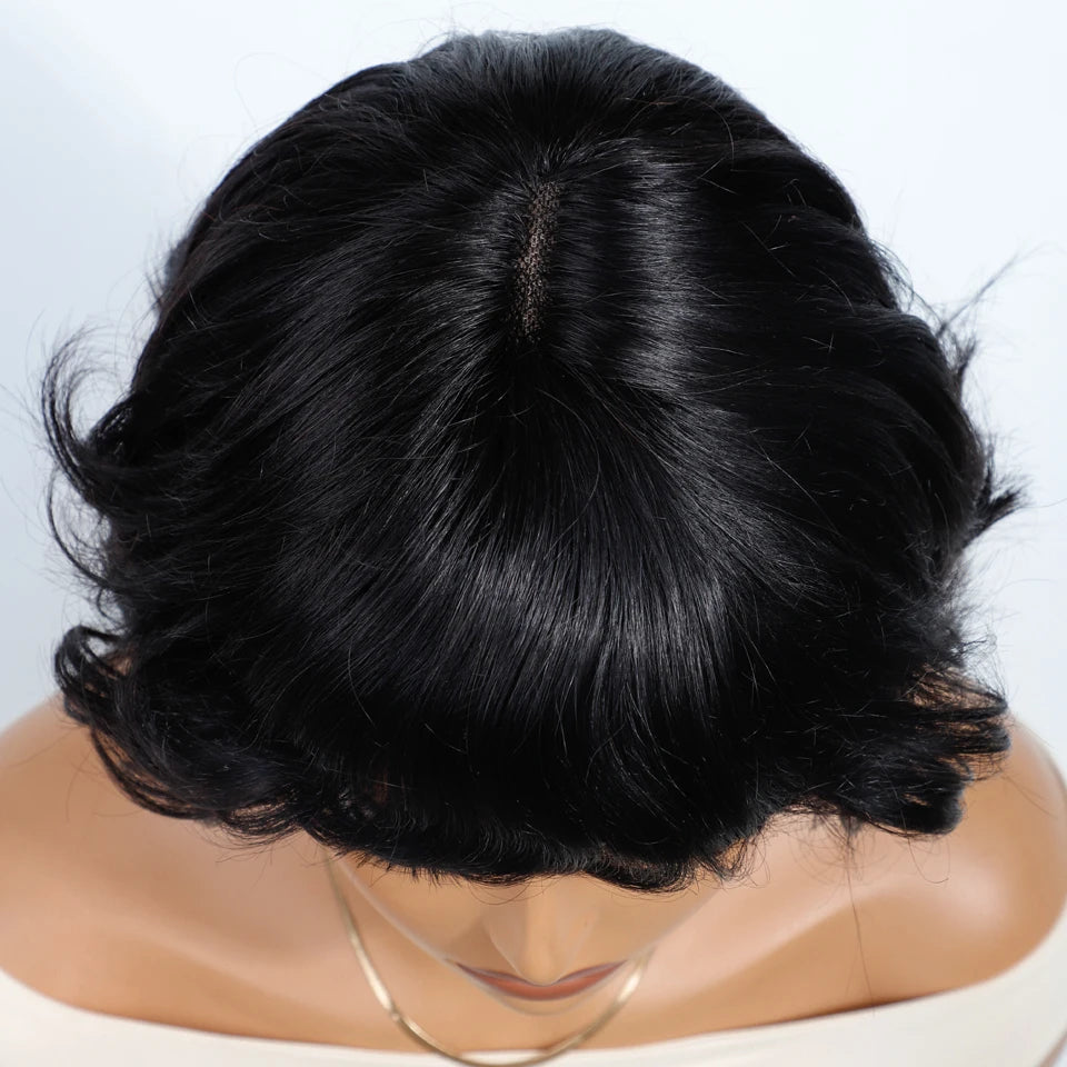 Remy Human Hair Short Pixie Cut Wavy Bob Lace Closure Wig for Women