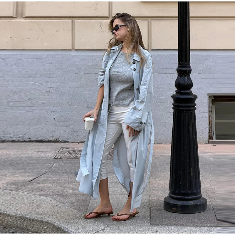Lapel Collar Button Front Long Trench Coat With Waist Belt for Women
