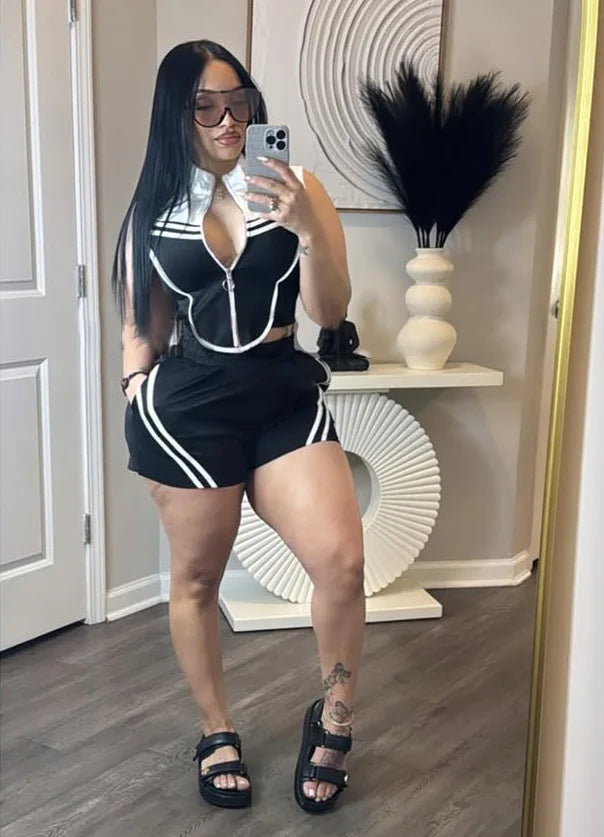 FAGADOER Casual Stripe Patchwork 2 Pieces Set for Woman Sleeveless Zipper Top and Pockets Shorts Outfits Female Sportywear New