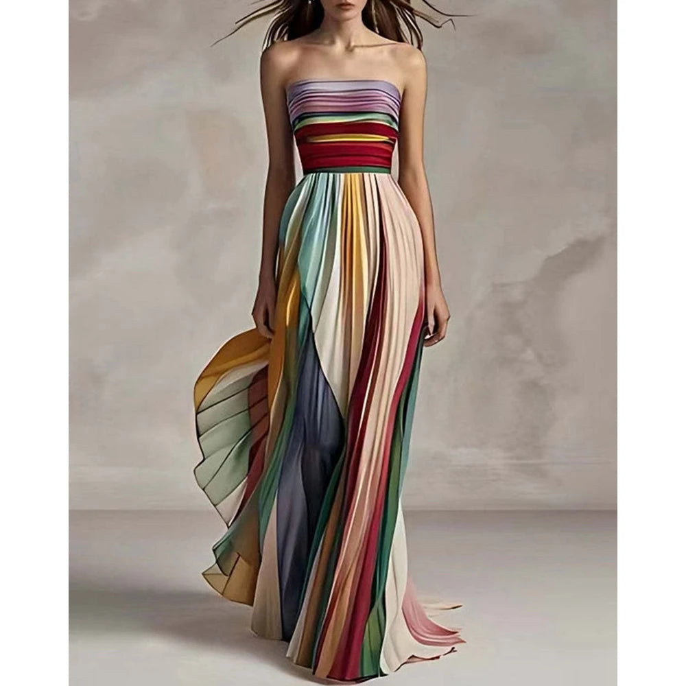 2025 Women's Rainbow Bandeau Pleated Ruched Party Maxi Dress Summer Femme Slim Fit Sleeveless Colorful Elegant Dresses