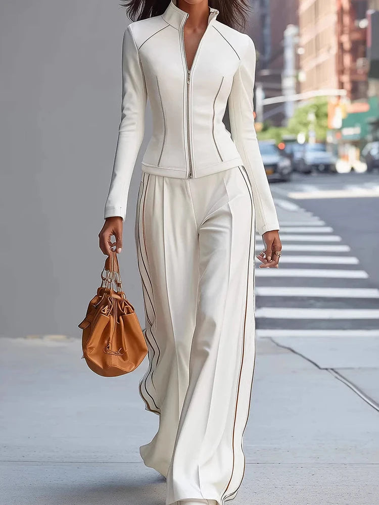 Patchwork Long Sleeve Pullover and Wide Leg Pants Set for Women