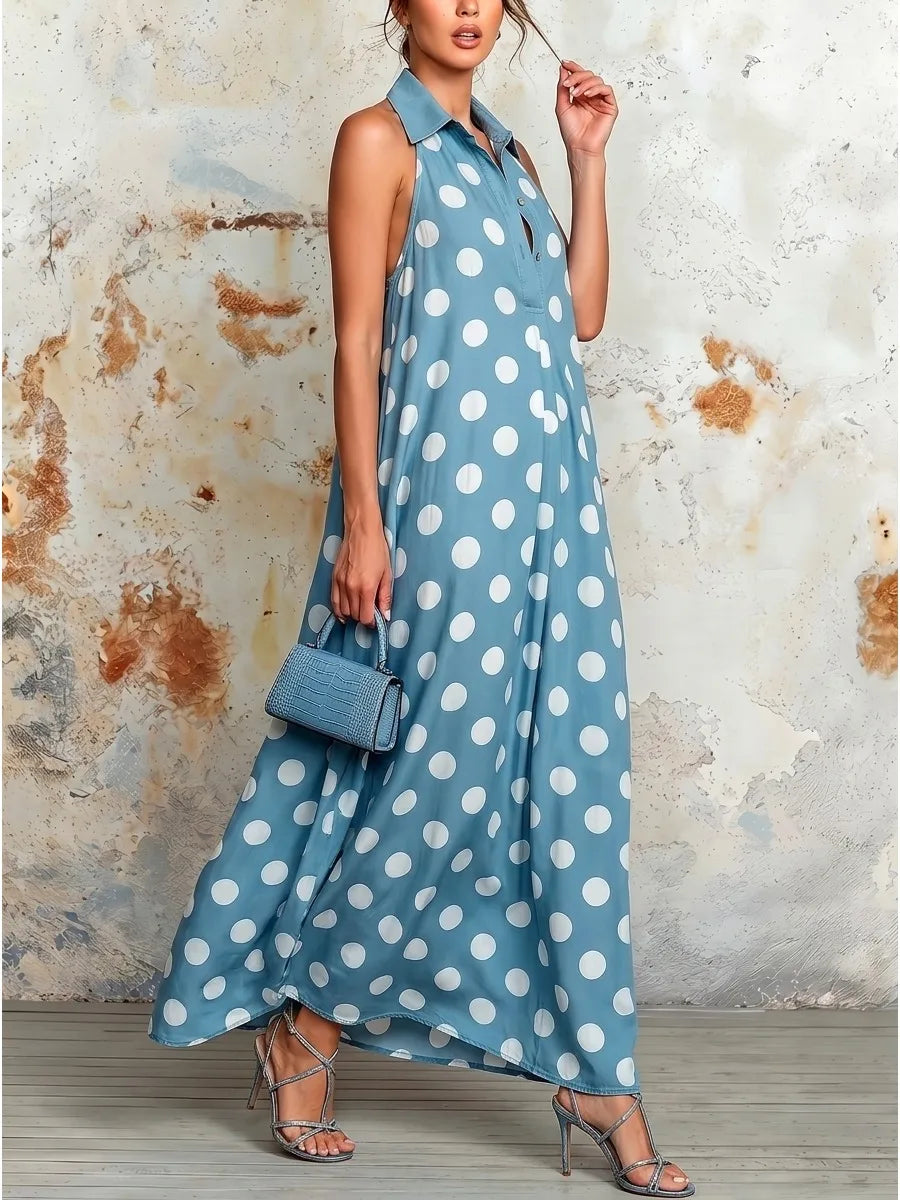 Casual Polka Dot Halter Sleeveless Maxi Dress For Women