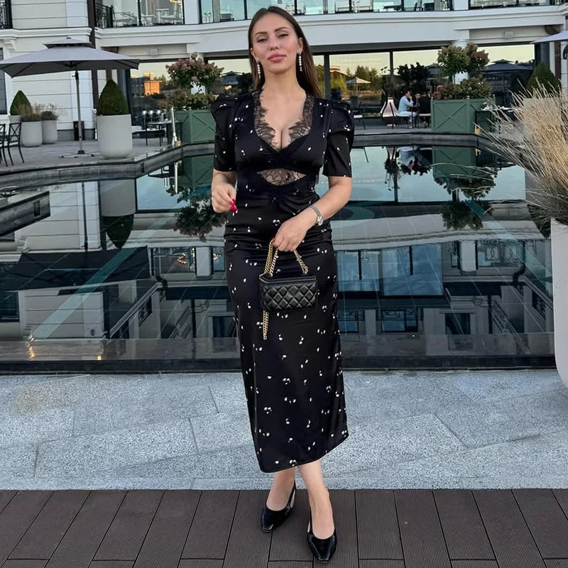 Floral Print Hollow Lace Dress