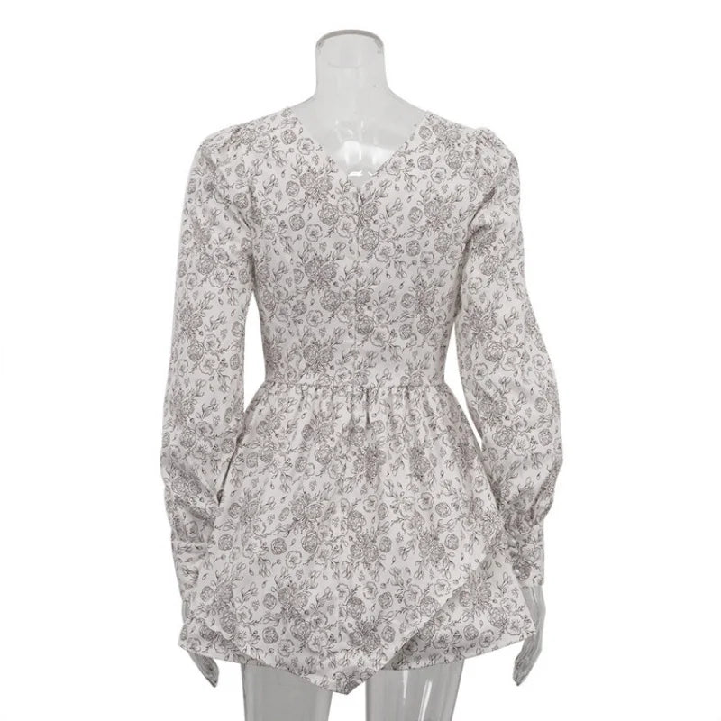 Elegant Printed Long Sleeve V Neck Mini Dress for Women