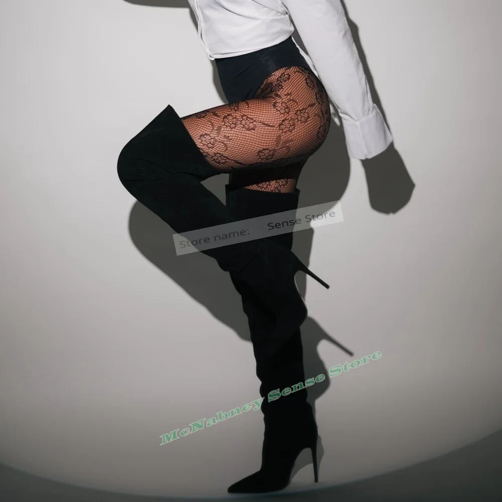 Suede Over the Knee Boots Pointy Toe Stiletto Heels for Women
