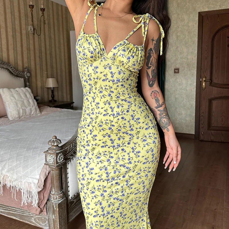 Sleeveless Floral Print Lace Up Backless Maxi Dress for Women