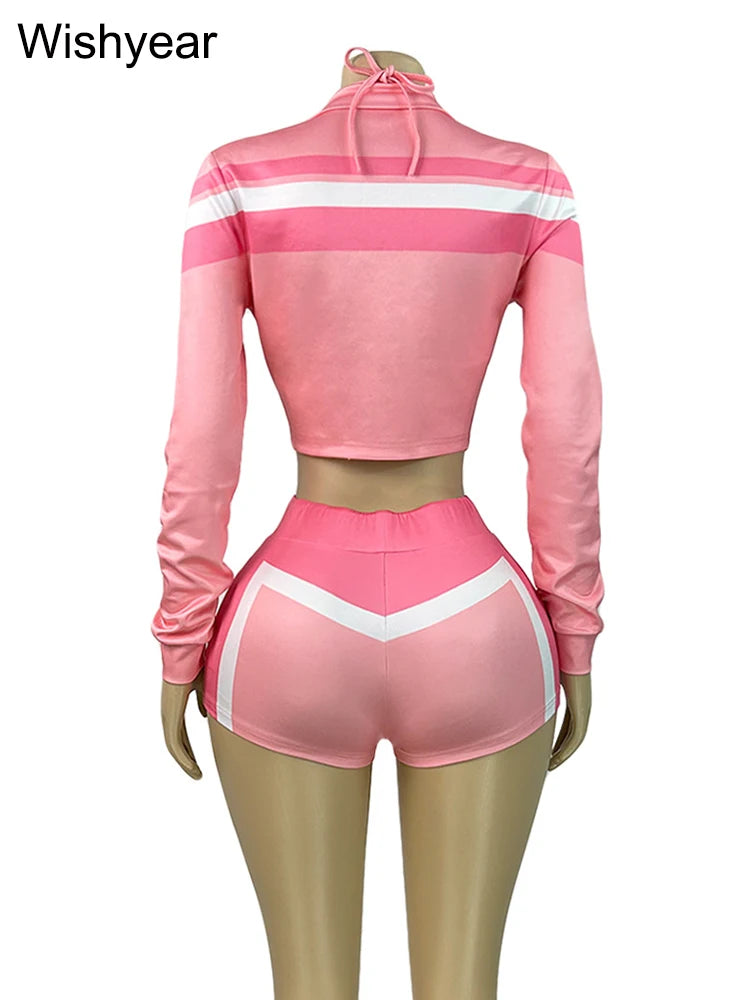 Striped Three Piece Jacket Crop Top And Shorts Set for Women