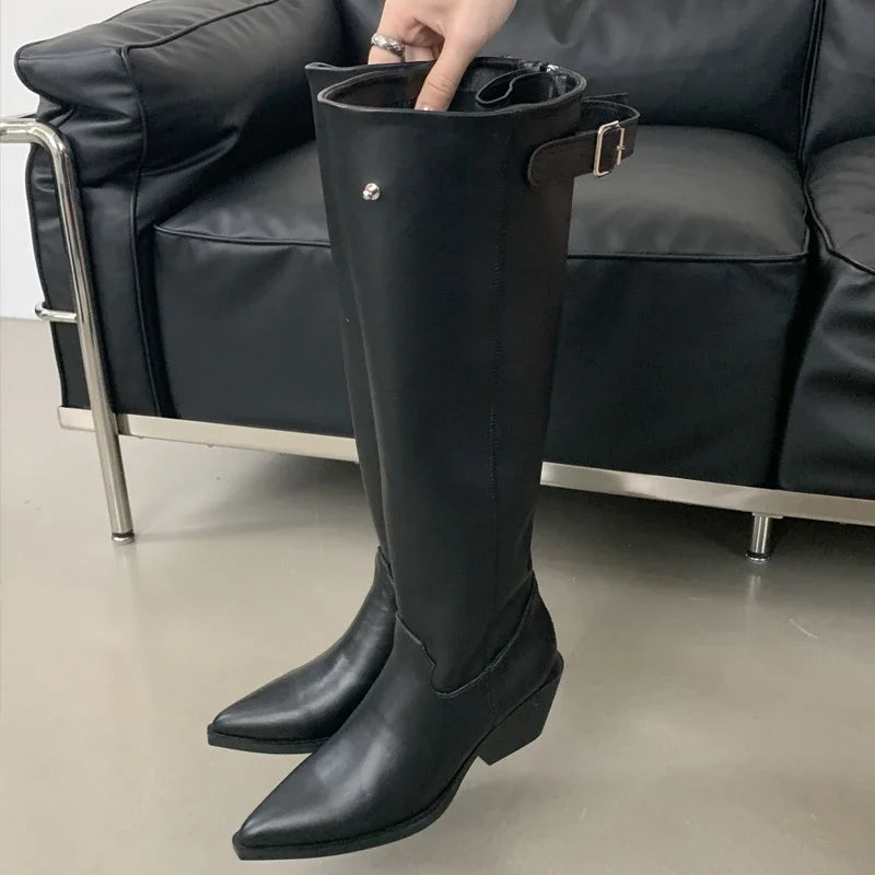 Belt Buckle Knee High Boots