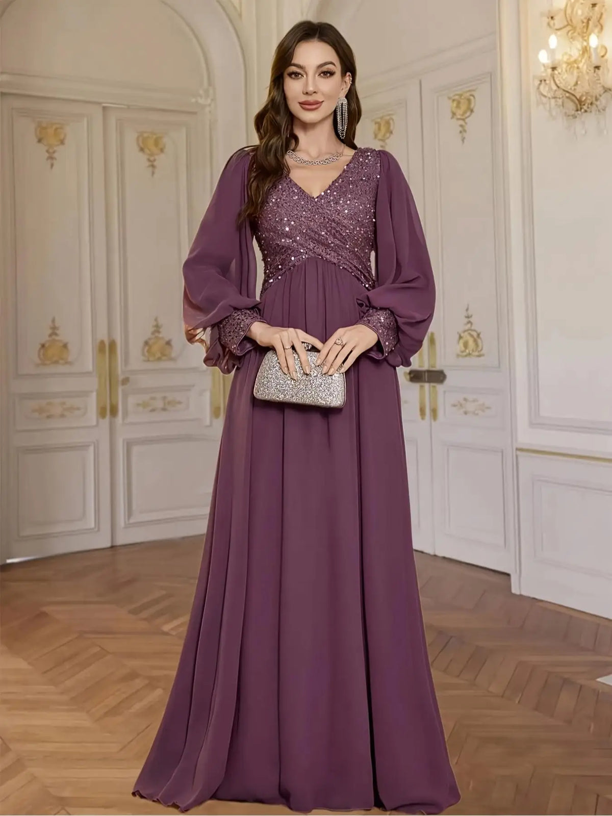 V-Neck Sequined Chiffon Evening Gown