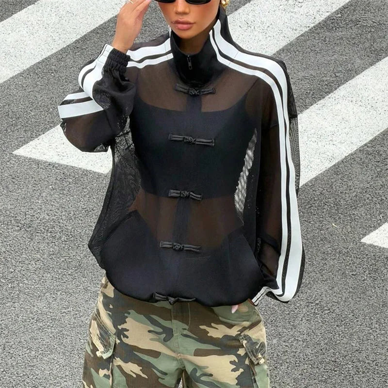 Sheer Mesh Stand Collar Frog Button Jacket for Women