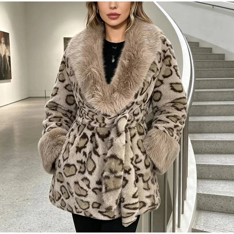 Leopard Print Faux Fur Patchwork Winter Overcoat for Women