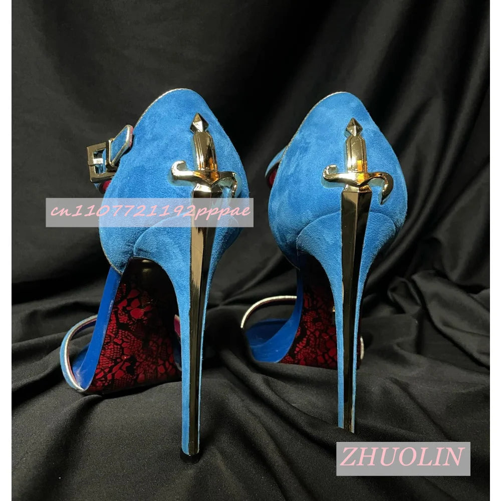 Blue Suede Metallic Sword-Shaped High Heels for Women