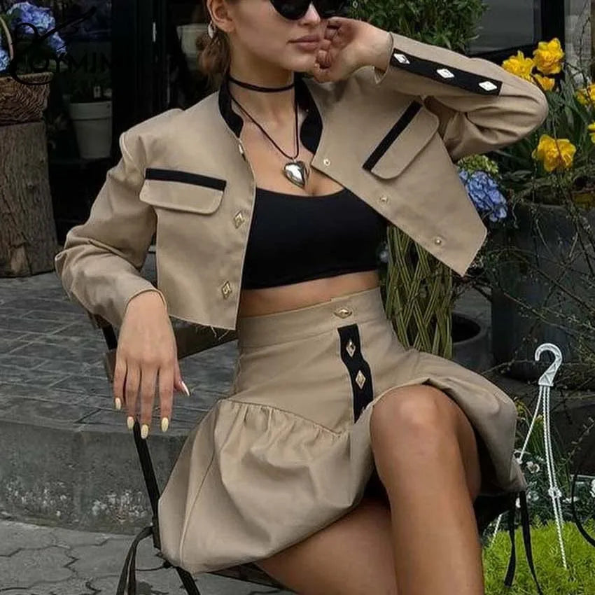 Oymimi Fashion Black Patchwork Two Piece Set For Women Casual Long Sleeve Button Pockets Crop Shirts + High Waist Mini Skirt Set