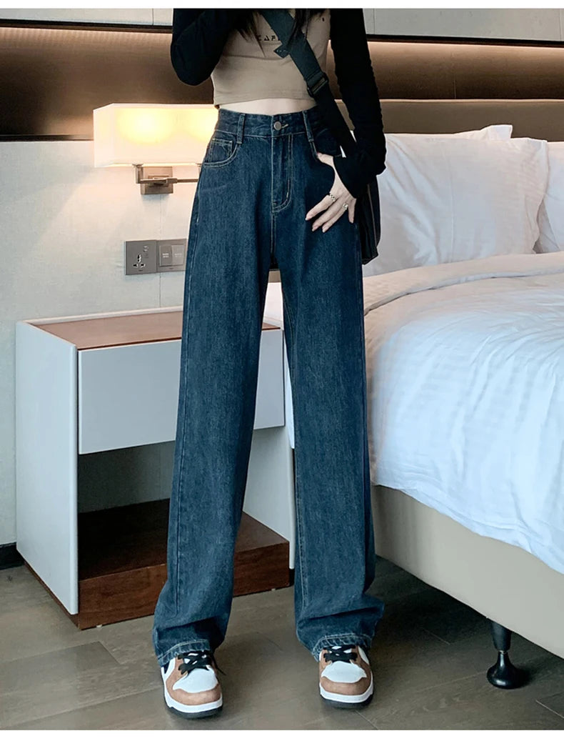 High Waist Casual Wide Leg Straight Jeans for Women