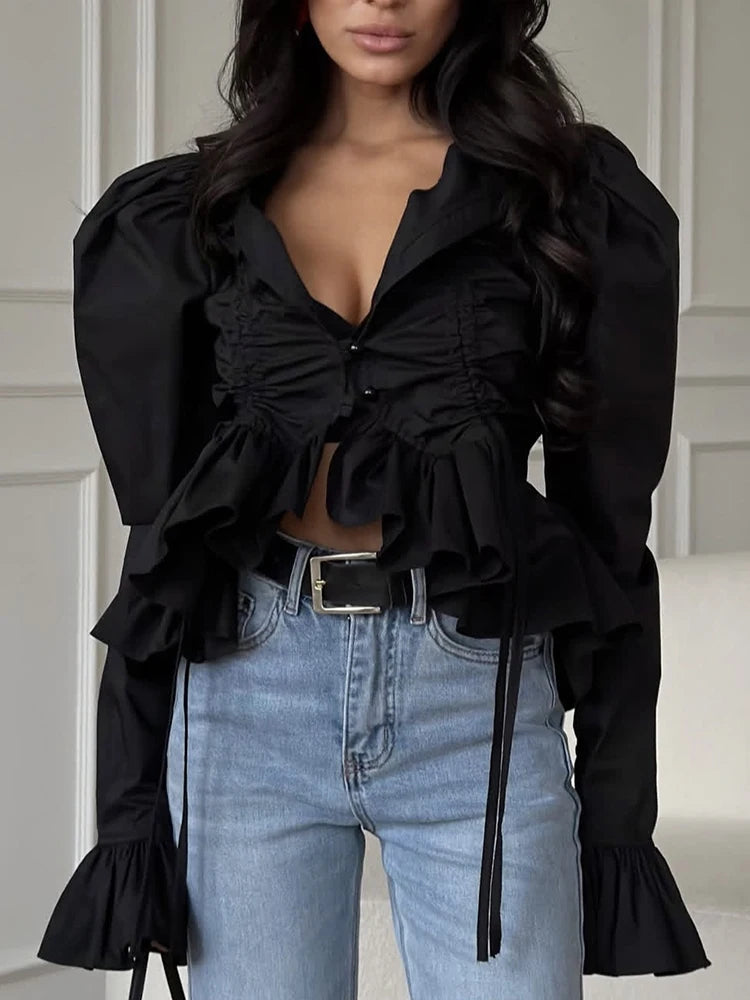 Casual Hollow Out Lace Tie Up Long Sleeve Blouse for Women