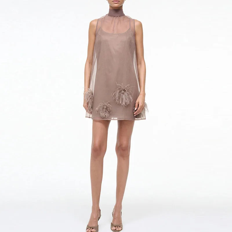 Women Casual Stand Collar Sleeveless Vest Dress Sexy Bow Tie Up Solid Color A-line Dress Elegant Tassel Patchwork Banquet Dress