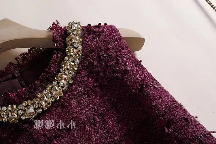 Elegant Tweed Beaded Pocket A-Line Dress for Women