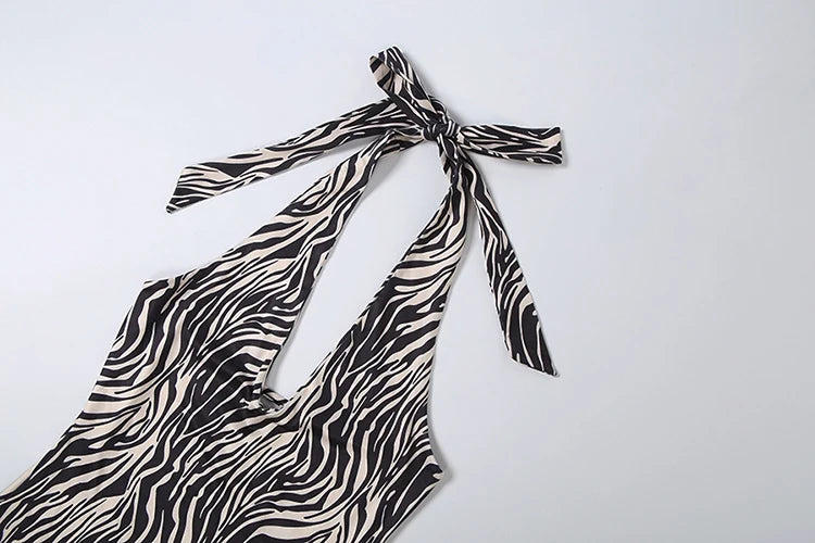 Zebra Striped Bandage Halter Backless Mini Bodycon Dress for Women