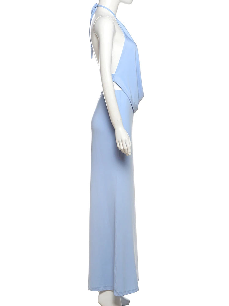 Weird Puss Sexy Backless Maxi Dress Women Halter Ruched Hollow Sleeveless Robe Vacation Fashion Beach Party Elegant Vestidos