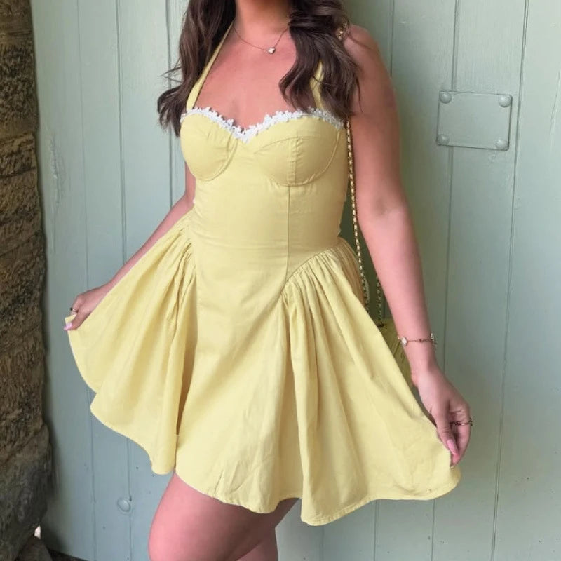 Lace Patchwork Off Shoulder Pleated Club Party Dress Sexy Women's Chest Wrap High Waist Short Dresses Summer Small Yellow Dress