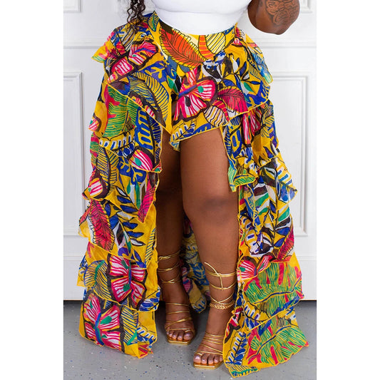 Plus Size Boho All Over Print Multi Layered Tulle Ruffle Irregular Hem Tiered Slit Skirt