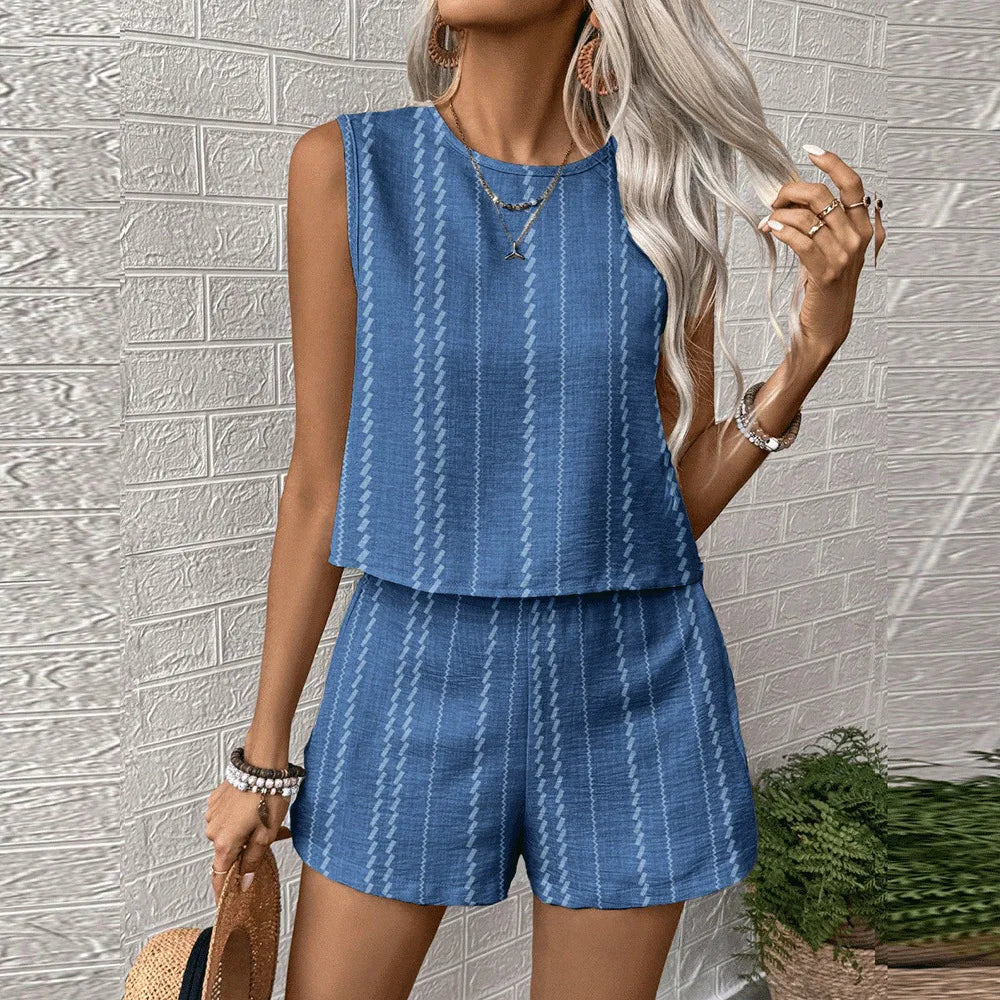 Vertical Striped Crop Top And Shorts Two Piece Set for Women