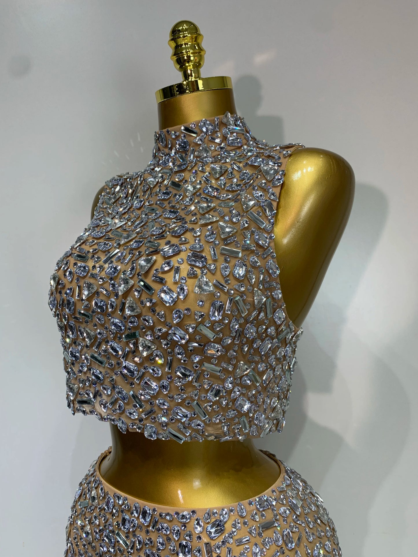 High Quality Sparkling Rhinestone Sexy See Through Blackless Top Skirt Two Pieces Set Woman Luxury Birthday Evening Party Gowns