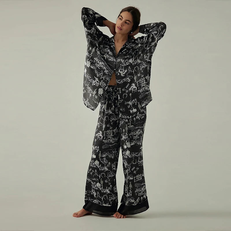 Casual Print Blouse and Wide Leg Pants Set for Women