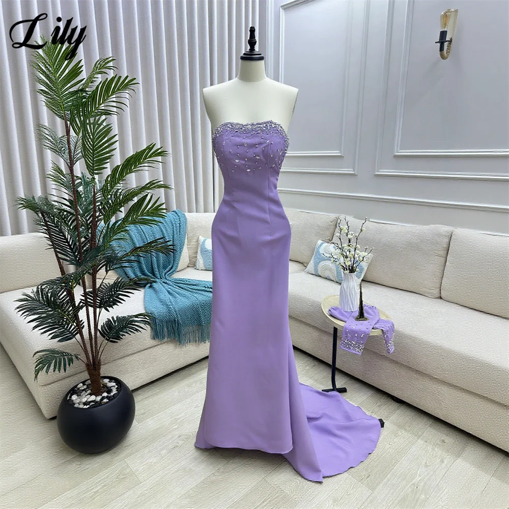 Lily Lavender Evening Gown Strapless Mermaid Prom Dress Crystal Evening Dress Detachable Sleeves Srobes de soirée Customized