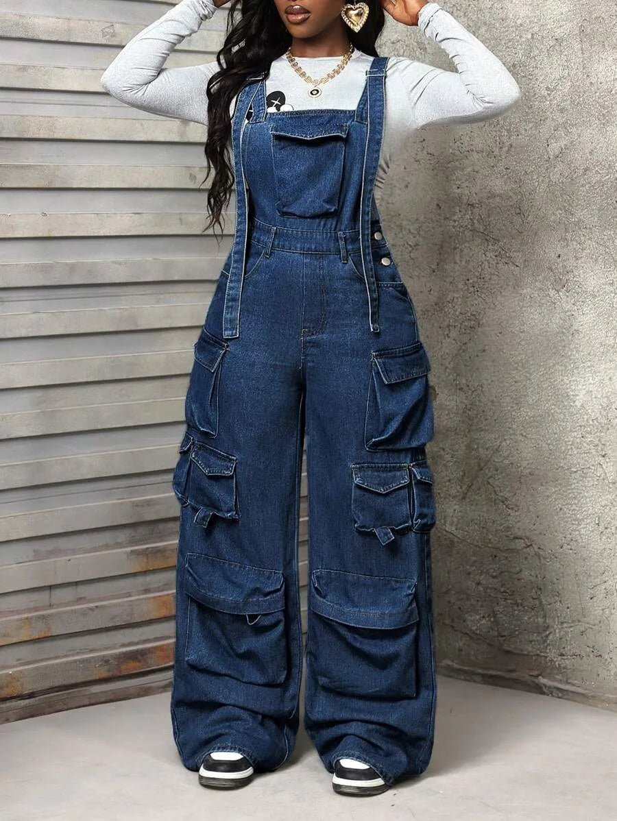 Patchwork Denim Jumpsuit with Spaghetti Straps for Women