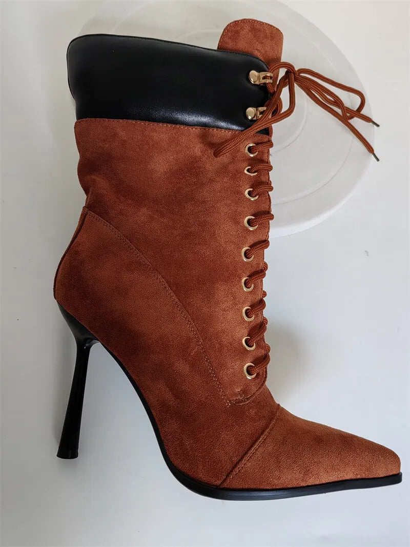 Pointed Toe Lace Up Stiletto Mid Calf Boots for Women