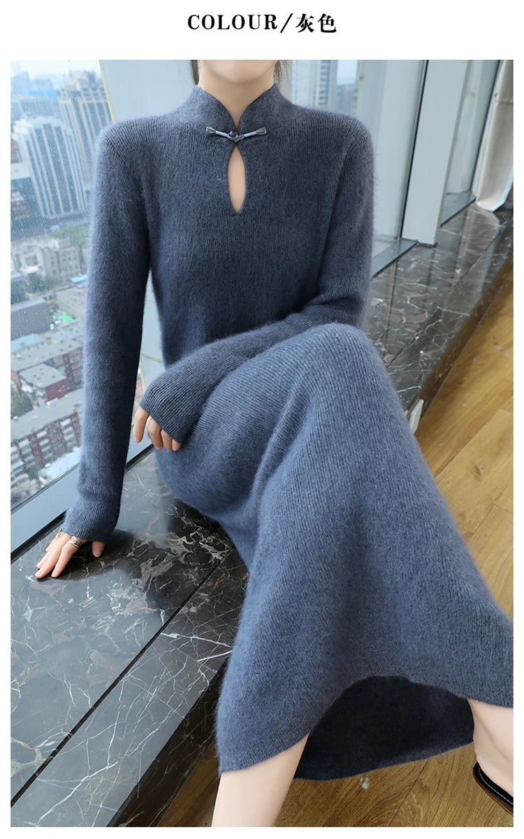 Cashmere Knit Dress with Stand Up Collar and Buckle for Women