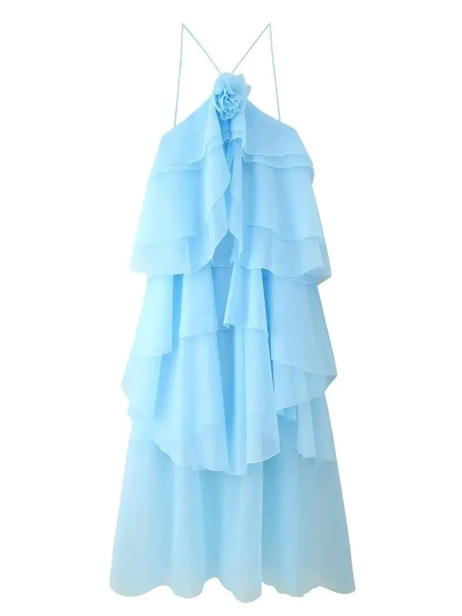 Backless 3D Flower Cascading Ruffle Halter Maxi Dress For Women