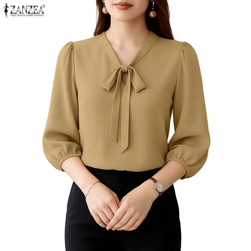 Crinkled Bow Tie Neck Puff Sleeve Blouse for Women