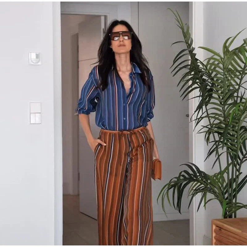 Geometric Printed Wide Leg Loose Pants Set for Women