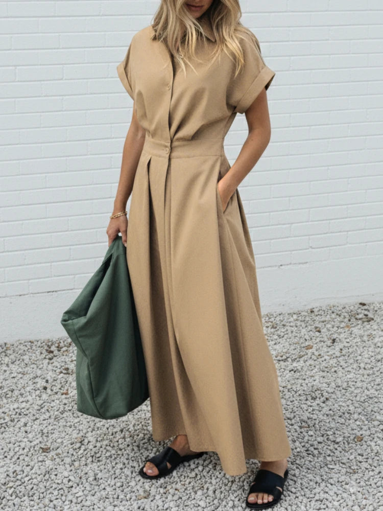 Collared Button Front Maxi Shirt Dress