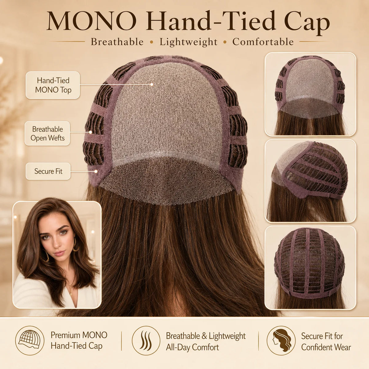 Light Brown Layered Synthetic Mono Top Wig for Women
