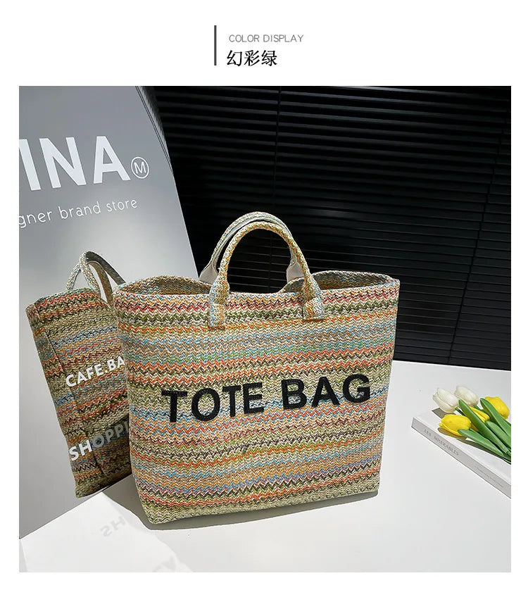 Large capacity beach woven bag, colorful striped tote bag, letter contrasting handbag for women