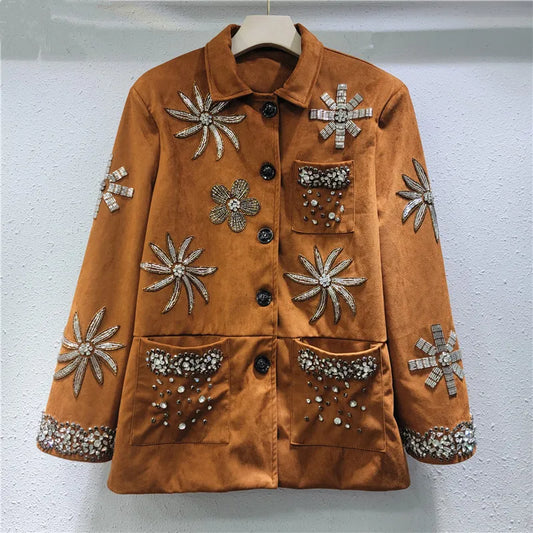YEAE beaded diamond flower jacket niche lapel single-breasted casual loose long-sleeved jacket