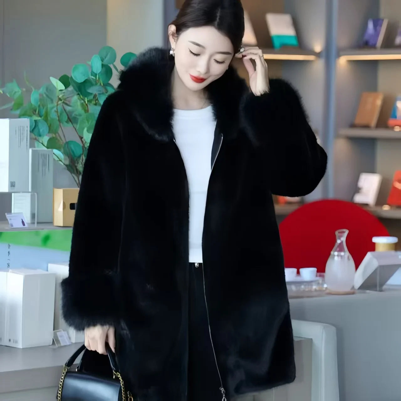 Faux Mink Fur Coat for Women,Zippers Jacket,Female Clothes,Fur Collar,Thick Warm,Autumn and Winter,2025