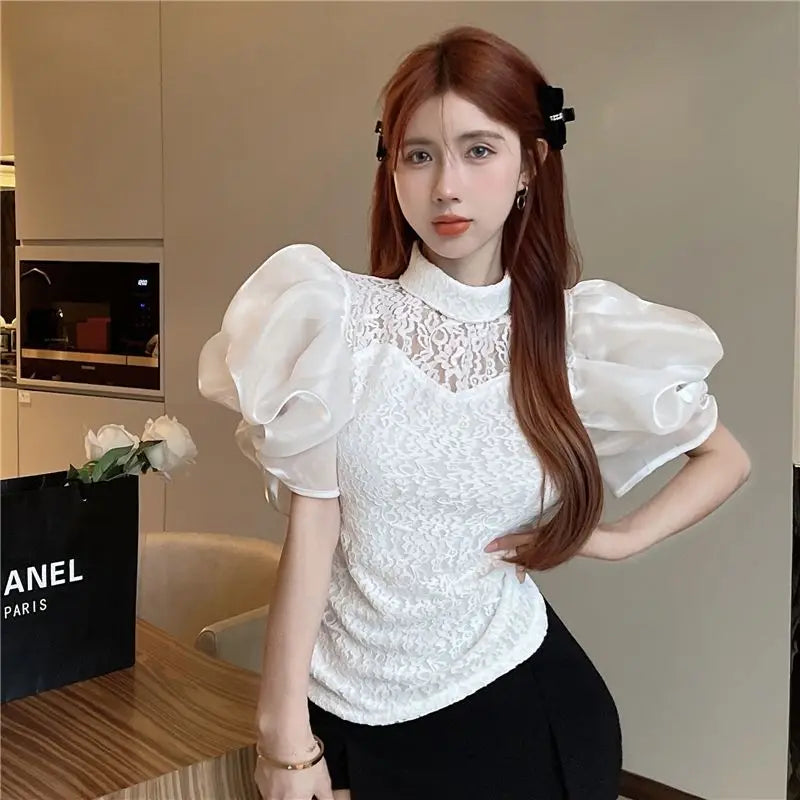 Korean V-Neck Bubble Sleeve Irregular Pleated Top for Women