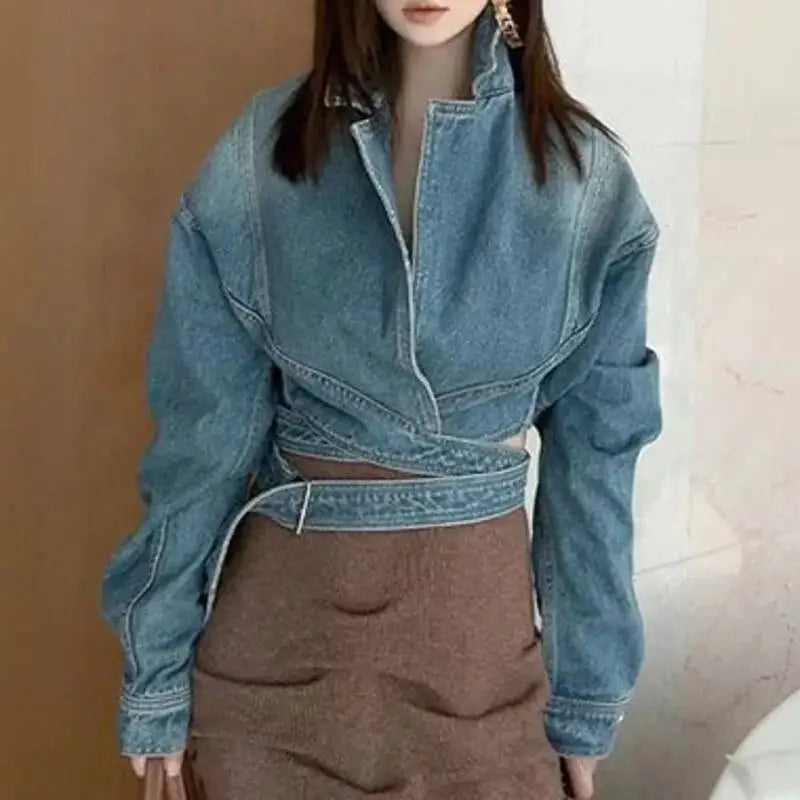 ANJY Autumn New Women Fashion Unique Lace- Up Distressed Washed Denim Jacket High Street Chic Versatile Casual Short Coat A16787