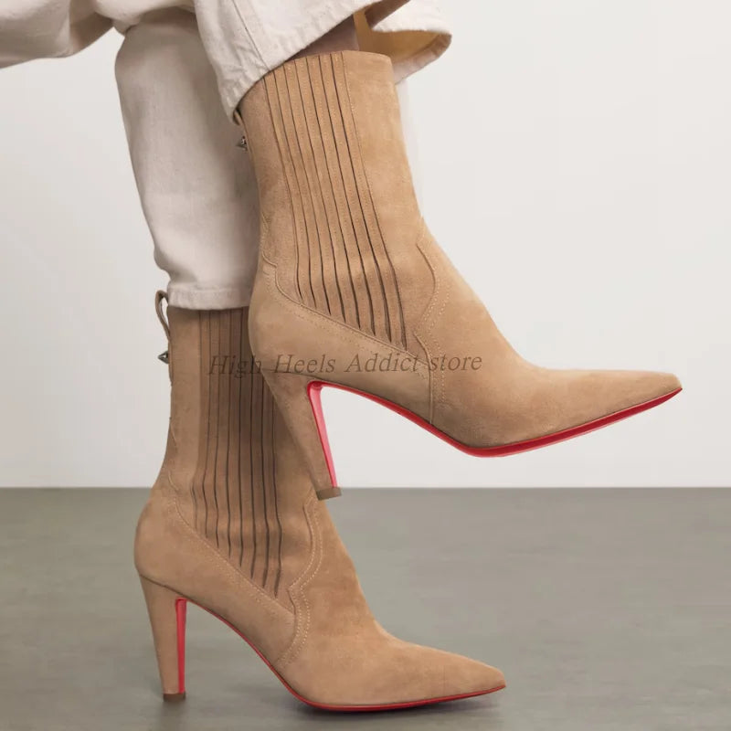Side Zip Suede Pointy Toe Square Heel Ankle Boots For Women