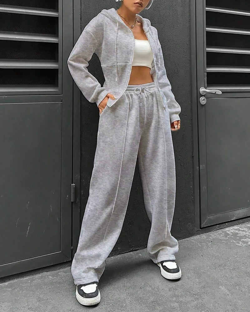 2 Pieces Pants Set Long Sleeve Zip Fly Slim Fit Hooded Top and Casual Wide Leg Pants Set